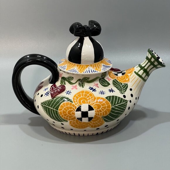 Vintage Meg Johnson Whimsical Teapot Ceramic Pottery Handmade and Painted Design - Picture 4 of 8